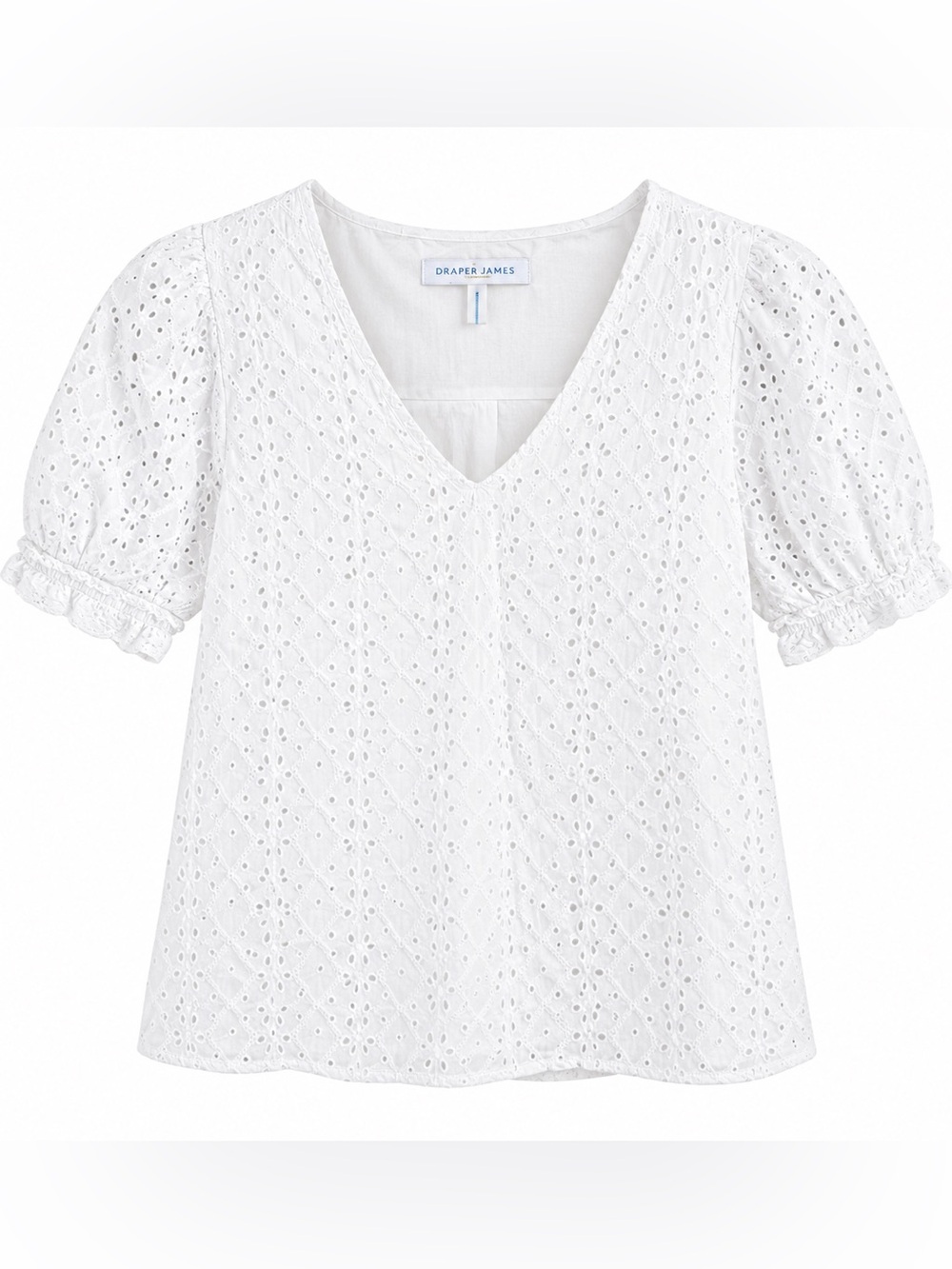 Draper James White Eyelet V-Neck Puff Sleeve Top
